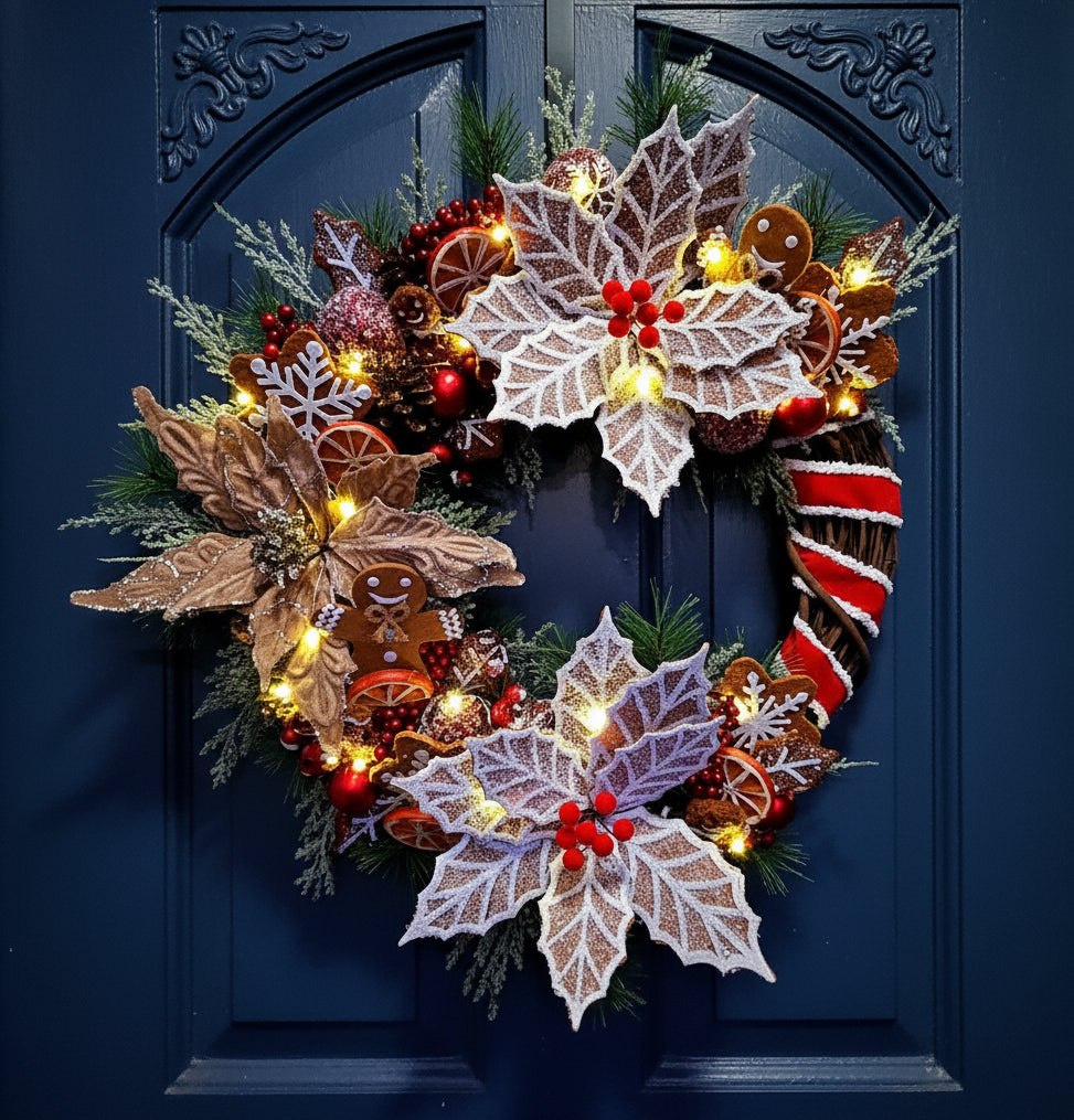 Gingerbread Poinsettia Whimsical Christmas Wreath – JavaBerry Decor
