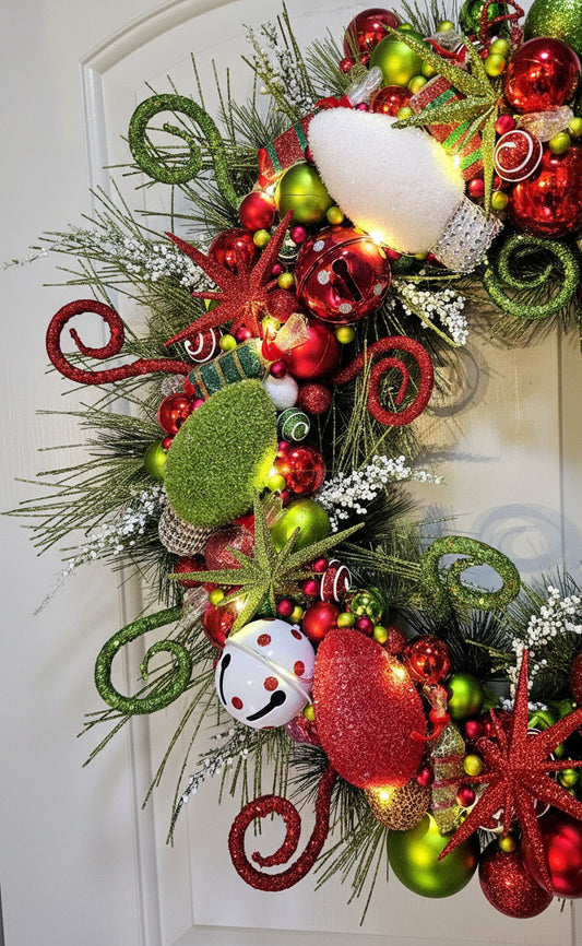 Whimsical Grinchy Christmas Lights Wreath