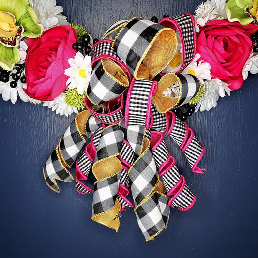 Summer Fuscia Floral Daisy Wreath with Plaid Bow