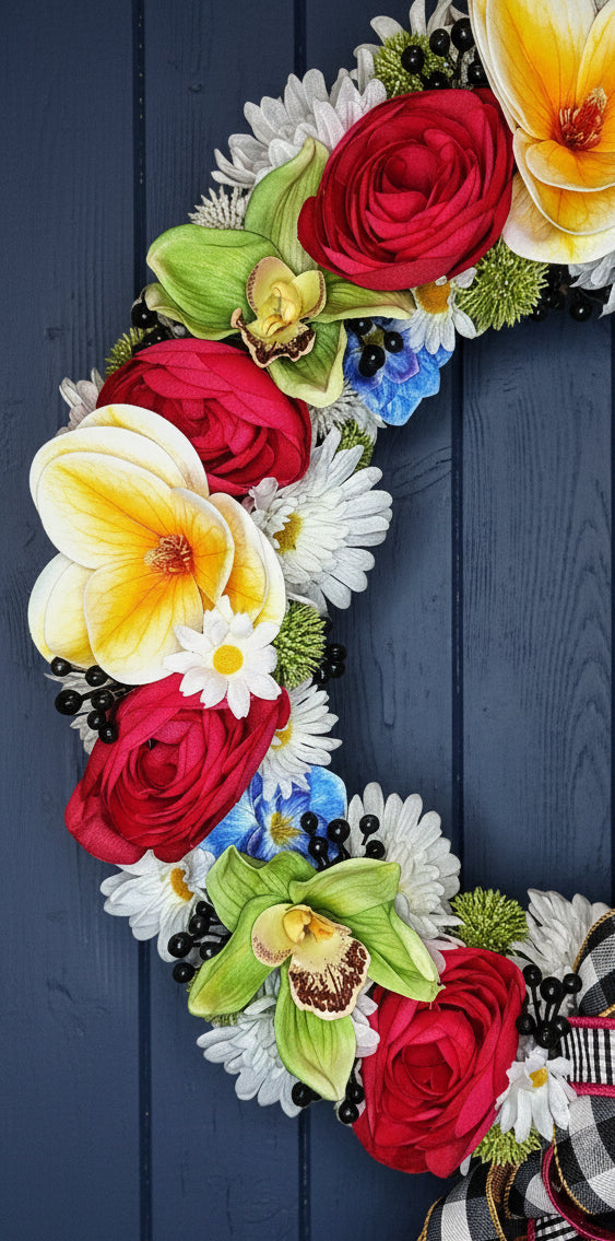 Summer Fuscia Floral Daisy Wreath with Plaid Bow