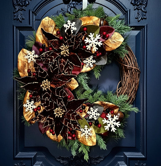 Chocolate Poinsettia and Magnolia Traditional Christmas Wreath