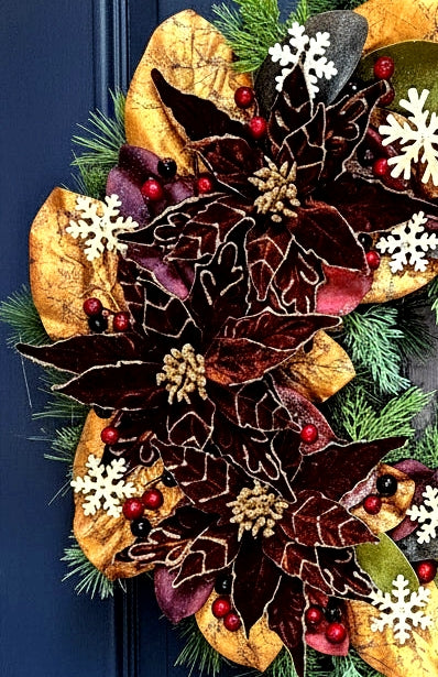 Chocolate Poinsettia and Magnolia Traditional Christmas Wreath