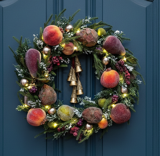 Frosted Fruit Winter Holiday Wreath with Bells