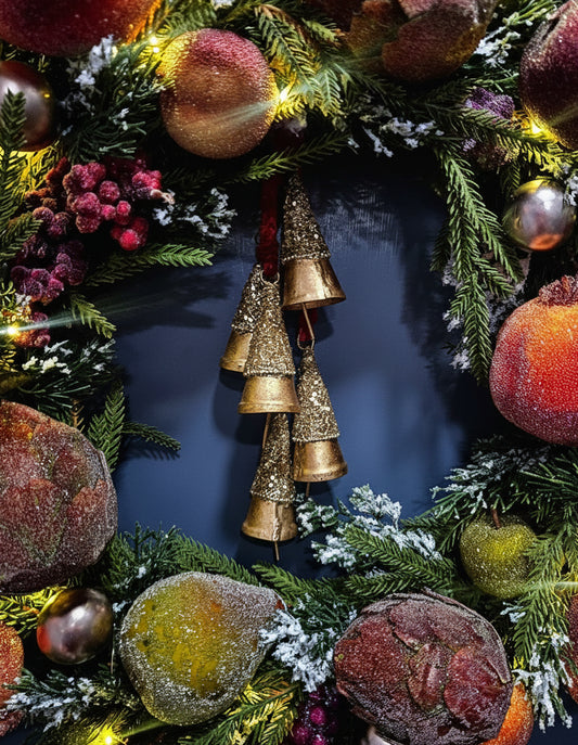 Frosted Fruit Winter Holiday Wreath with Bells