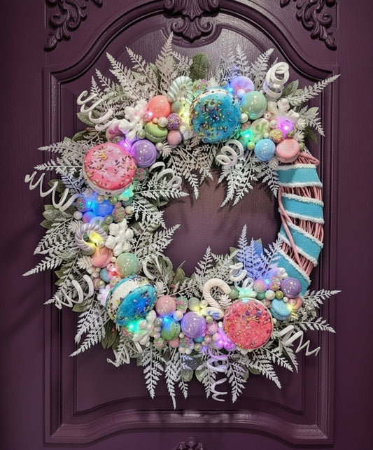 Whimsical Candyland Christmas Macaron Wreath