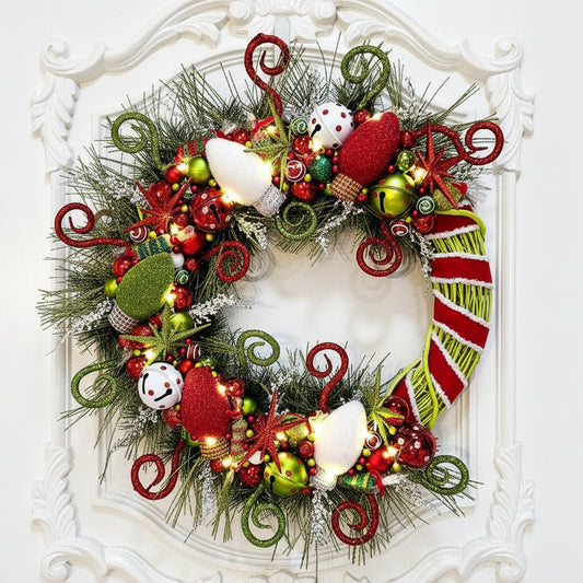 Whimsical Grinchy Christmas Lights Wreath