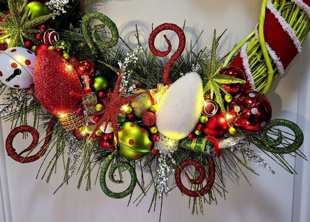 Whimsical Grinchy Christmas Lights Wreath
