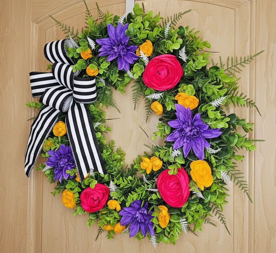 Bright Floral Spring Summer Eucalyptus Fern Wreath