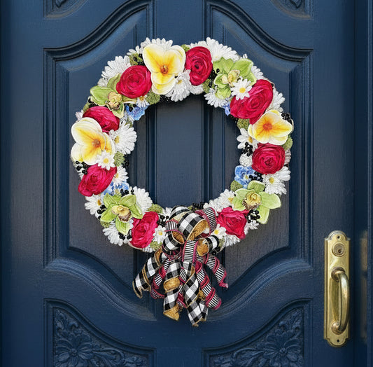 Summer Fuscia Floral Daisy Wreath with Plaid Bow