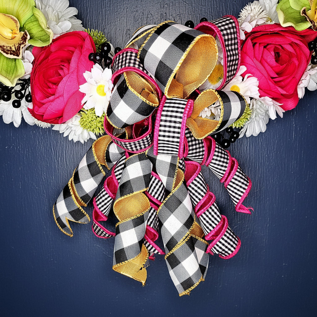 Summer Fuscia Floral Daisy Wreath with Plaid Bow