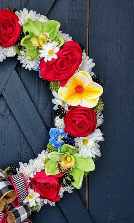 Summer Fuscia Floral Daisy Wreath with Plaid Bow