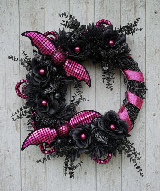 Pink Disco Bat Halloween Wreath