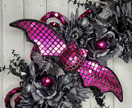Pink Disco Bat Halloween Wreath