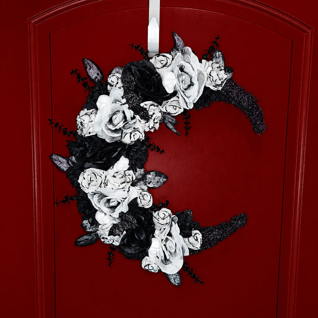 Black & White Crescent Rose Halloween Wreath