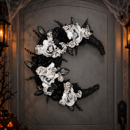 Black & White Crescent Rose Halloween Wreath