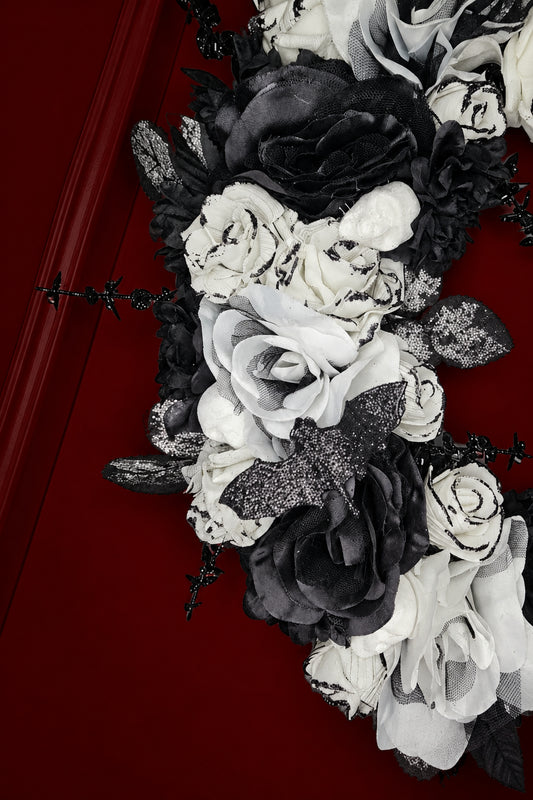 Black & White Crescent Rose Halloween Wreath