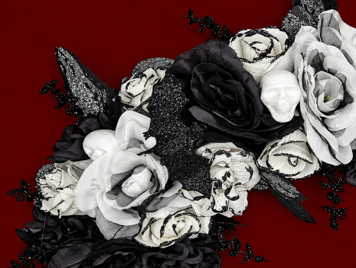 Black & White Crescent Rose Halloween Wreath