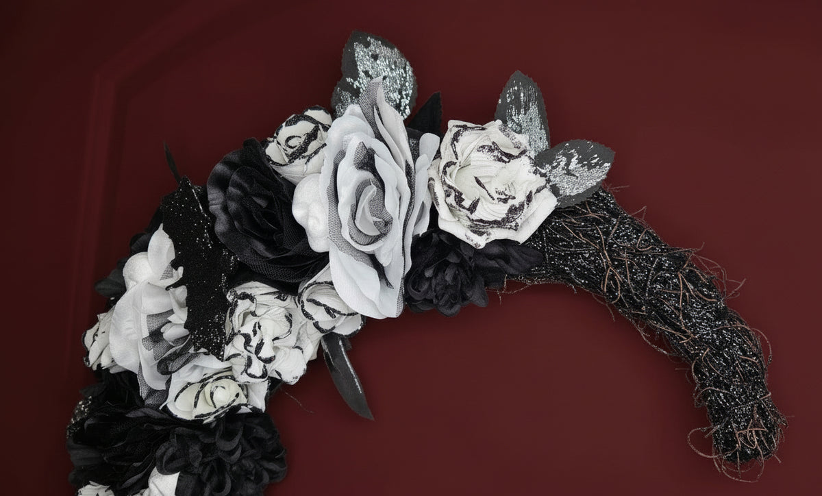 Black & White Crescent Rose Halloween Wreath