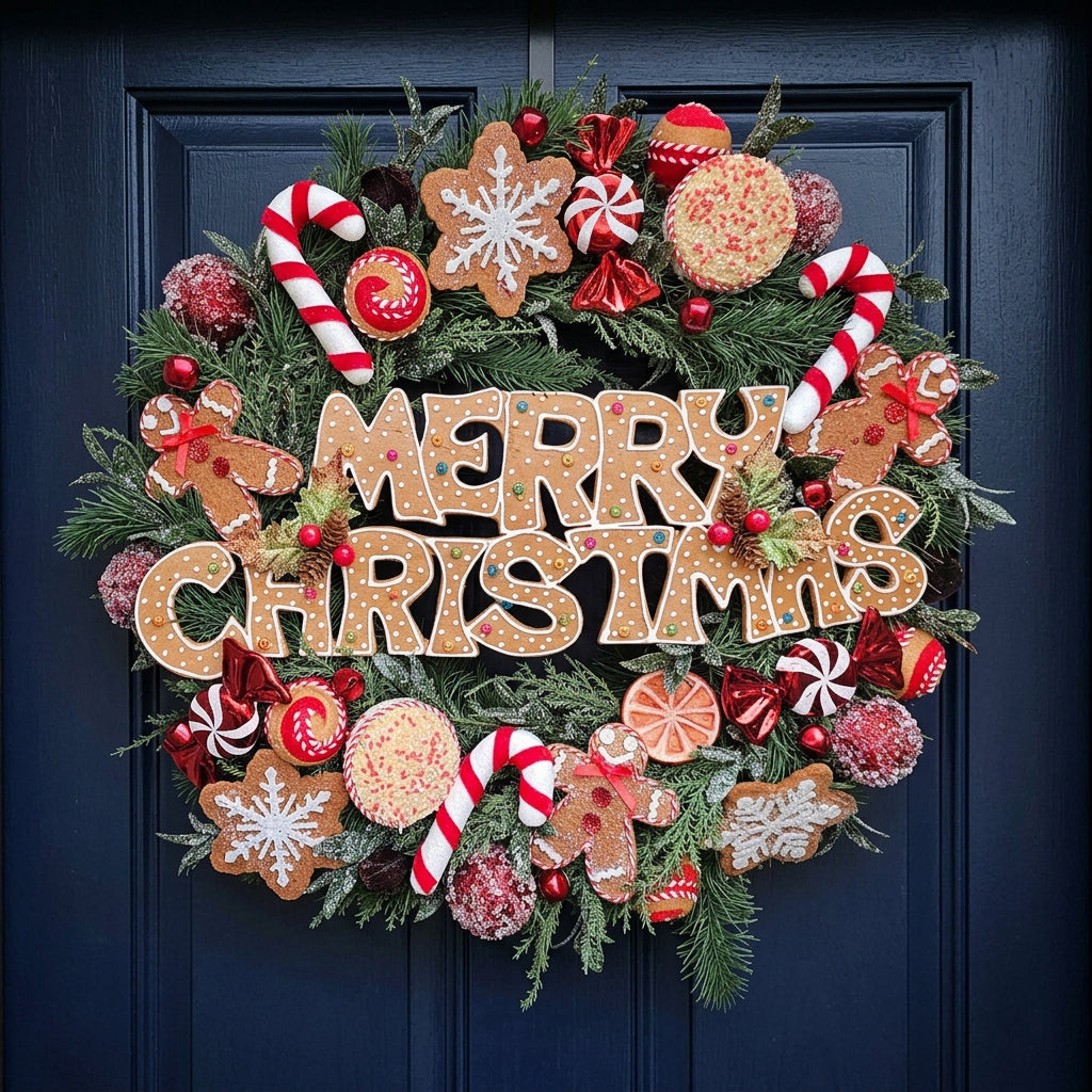 Merry Christmas Gingerbread Evergreen Wreath