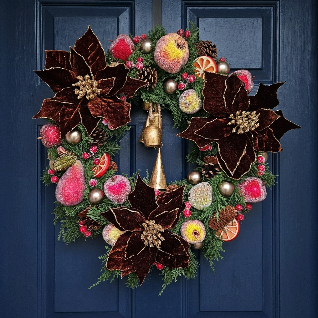 Vintage Sugared Fruit & Poinsettia Christmas Wreath