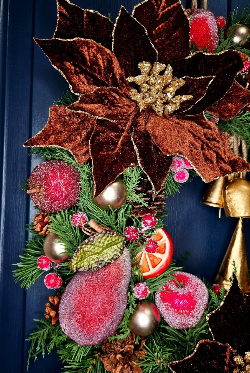 Vintage Sugared Fruit & Poinsettia Christmas Wreath