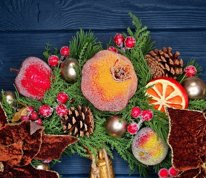 Vintage Sugared Fruit & Poinsettia Christmas Wreath