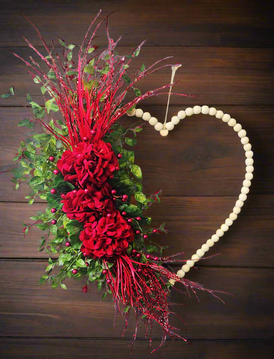 Red Carnation Beaded Heart Valentine's Wreath